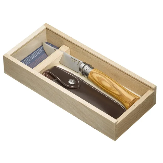 opinel-no-08-olive-wood-folding-knife-with-sheath-gift-box-combo-pack image 1