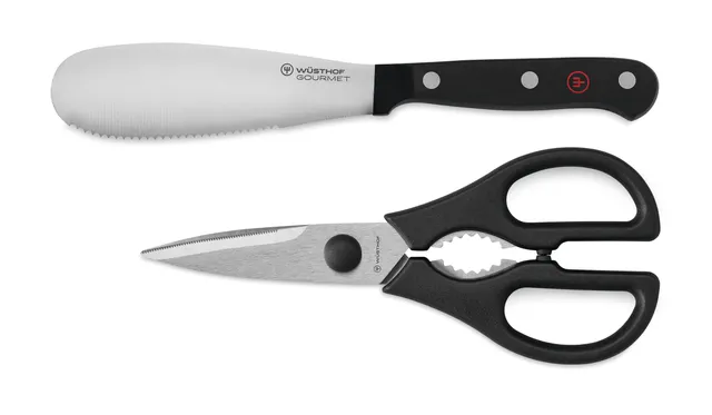 w-sthof-gourmet-2-piece-spreader-and-kitchen-shear-set-black-laser-cut-high-carb image 1
