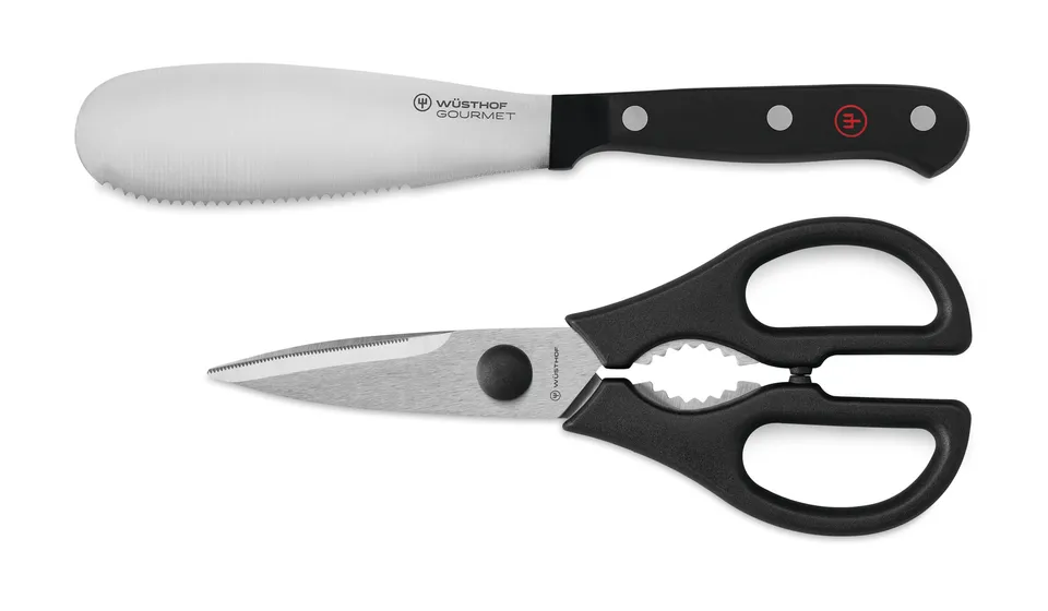 w-sthof-gourmet-2-piece-spreader-and-kitchen-shear-set-black-laser-cut-high-carb image 1