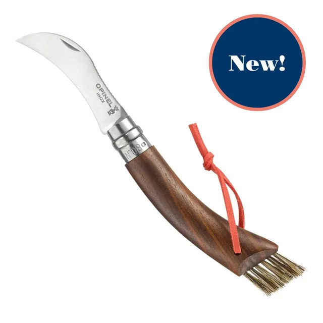 opinel-no-08-mushroom-knife-black-walnut-handle-with-curved-blade-serrated-scrap image 1