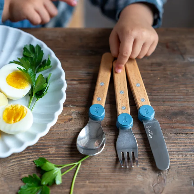 opinel-kids-cutlery-le-petit-gourmet-3-piece-beechwood-knife-fork-spoon-set-for- image 1