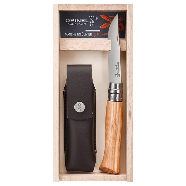 opinel-no-08-olivewood-folding-knife-with-sheath-stainless-steel-blade-wooden-gi image 1