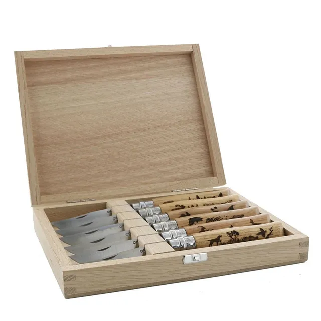 opinel-no-08-engraved-animalia-6-piece-box-set-oak-handle-folding-knives-with-en image 1