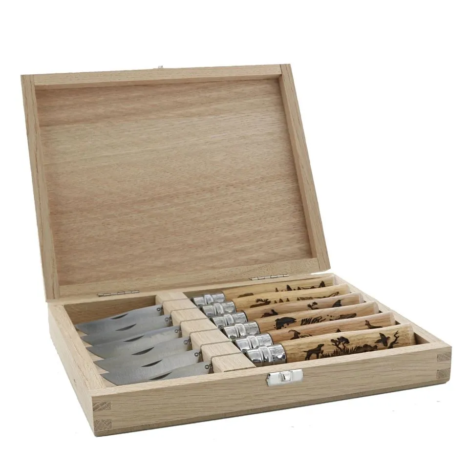 opinel-no-08-engraved-animalia-6-piece-box-set-oak-handle-folding-knives-with-en image 1