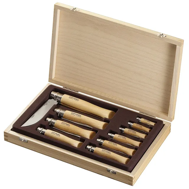 opinel-stainless-steel-folding-knife-10-piece-box-set-no-2-no-12-with-wooden-gif image 1