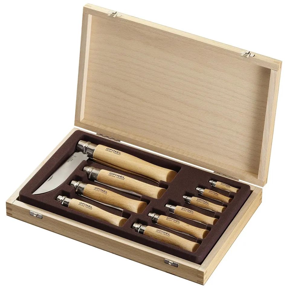 opinel-stainless-steel-folding-knife-10-piece-box-set-no-2-no-12-with-wooden-gif image 1