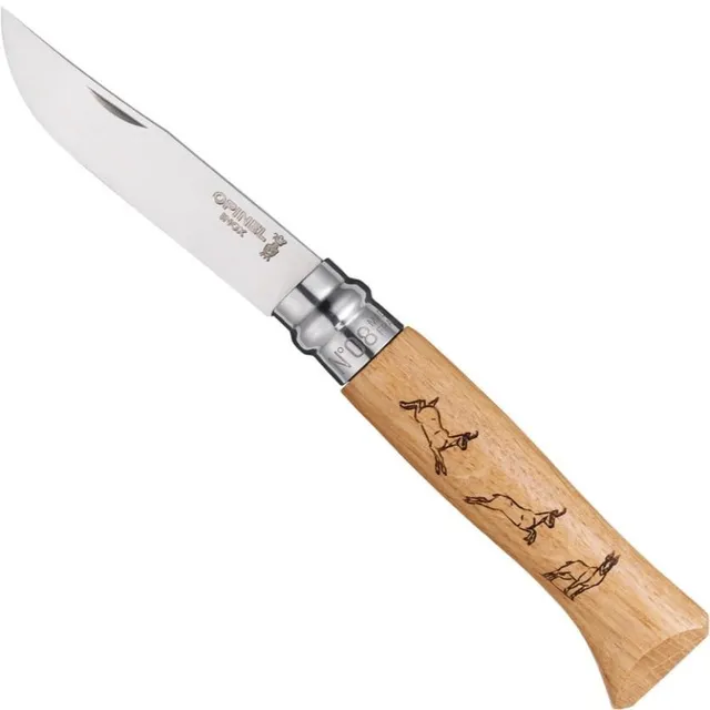 opinel-no-08-animalia-vintage-mountain-goat-engraved-folding-knife-oak-handle-wa image 1
