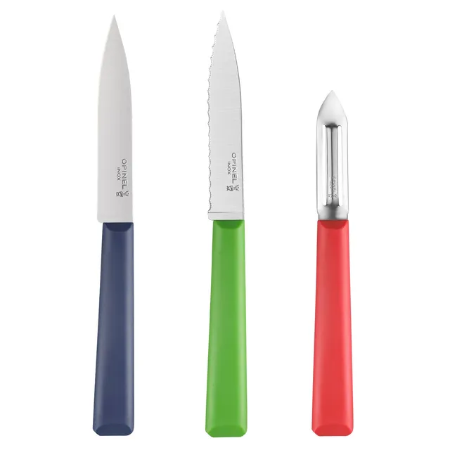 opinel-essential-small-kitchen-prep-knife-set-with-paring-knives-and-peeler-dish image 1