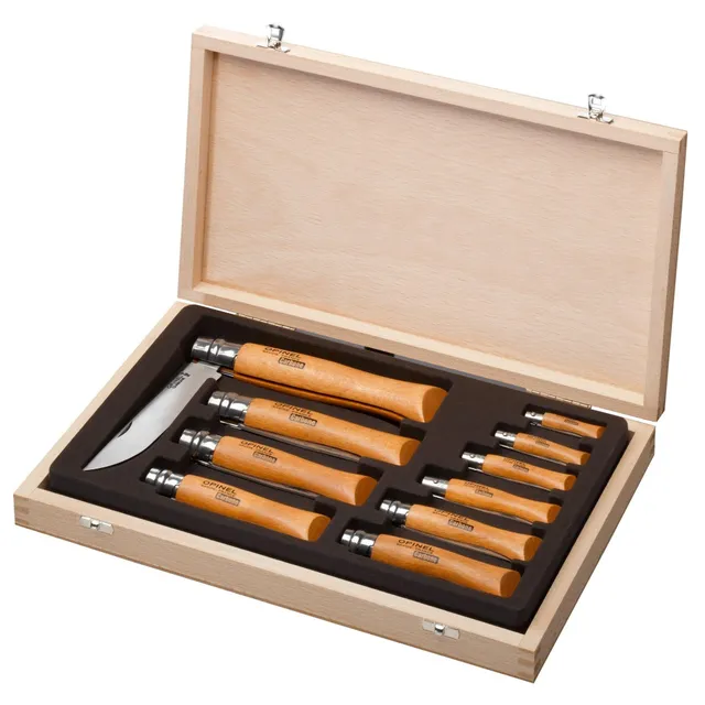 opinel-display-wooden-case-with-10-carbon-steel-folding-knives-no-2-through-no-1 image 1