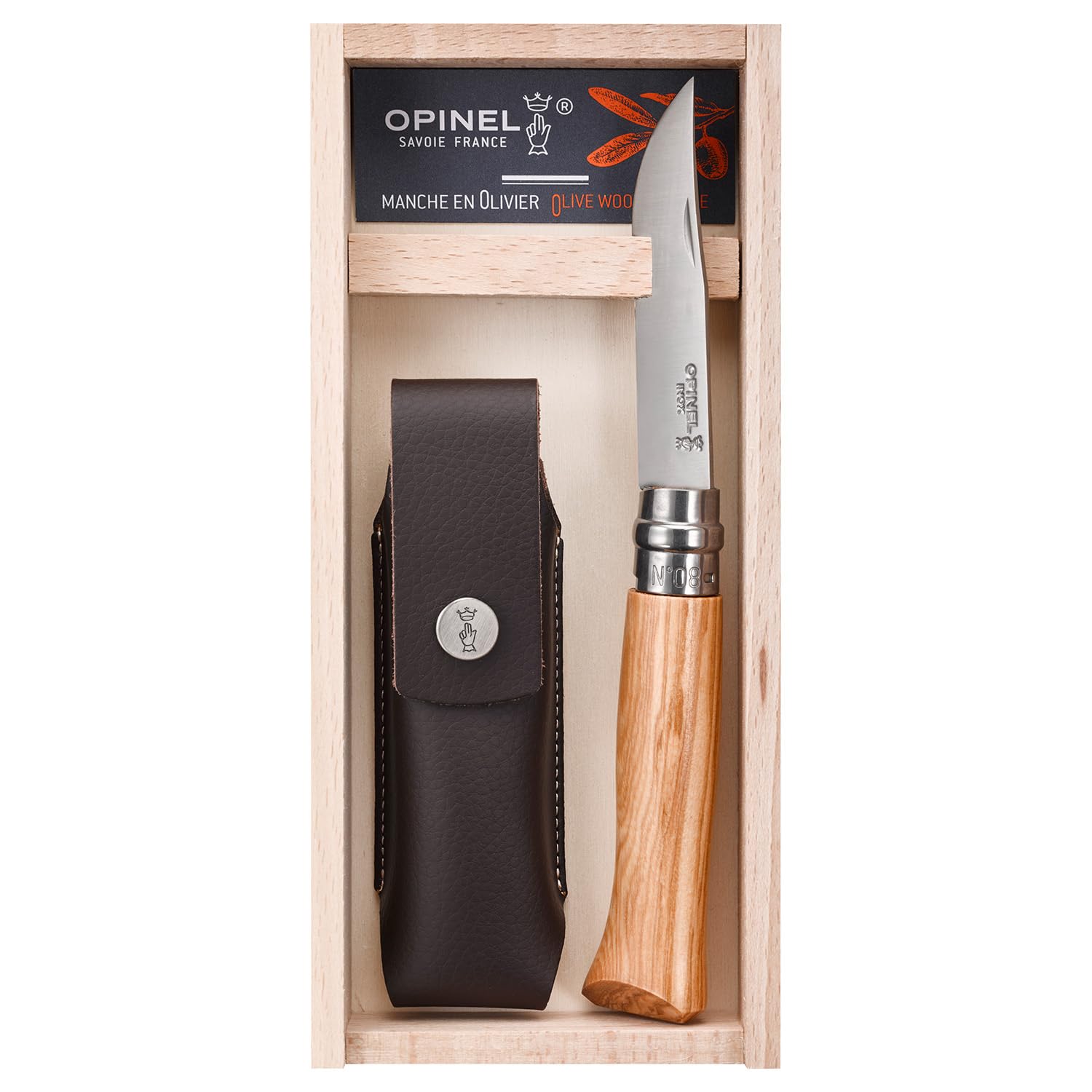 opinel-no-08-olivewood-folding-knife-with-sheath-stainless-steel-blade-wooden-gi image 1
