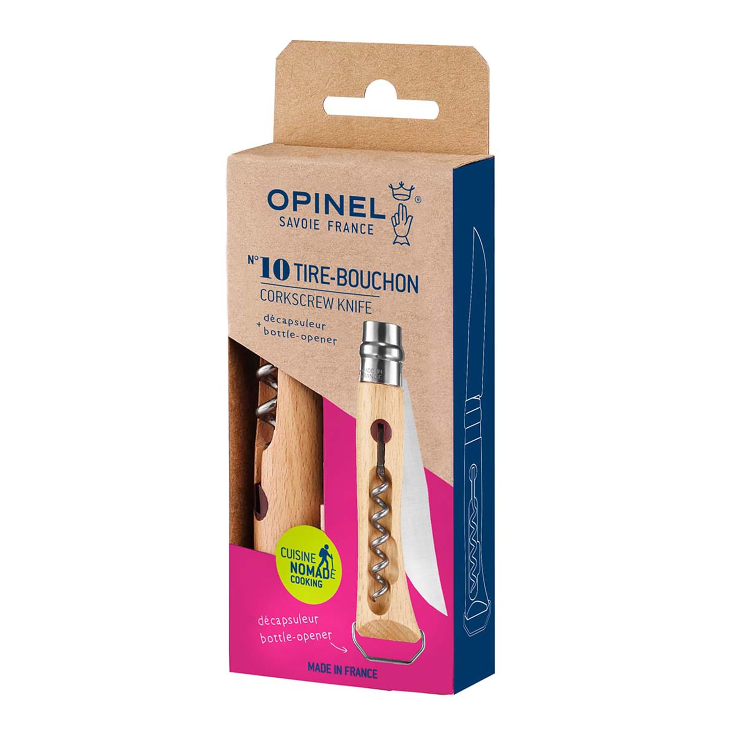 opinel-no-10-stainless-steel-corkscrew-wine-and-cheese-folding-knife-beechwood-h image 2
