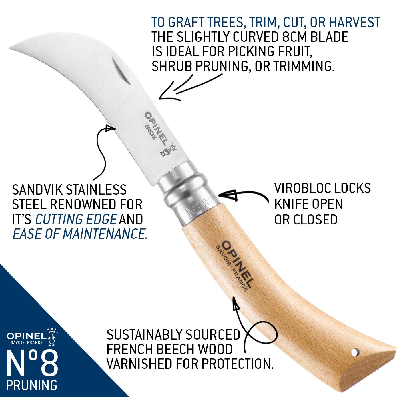 opinel-no-8-pruning-folding-knife-curved-stainless-blade-beechwood-handle-virobl image 2