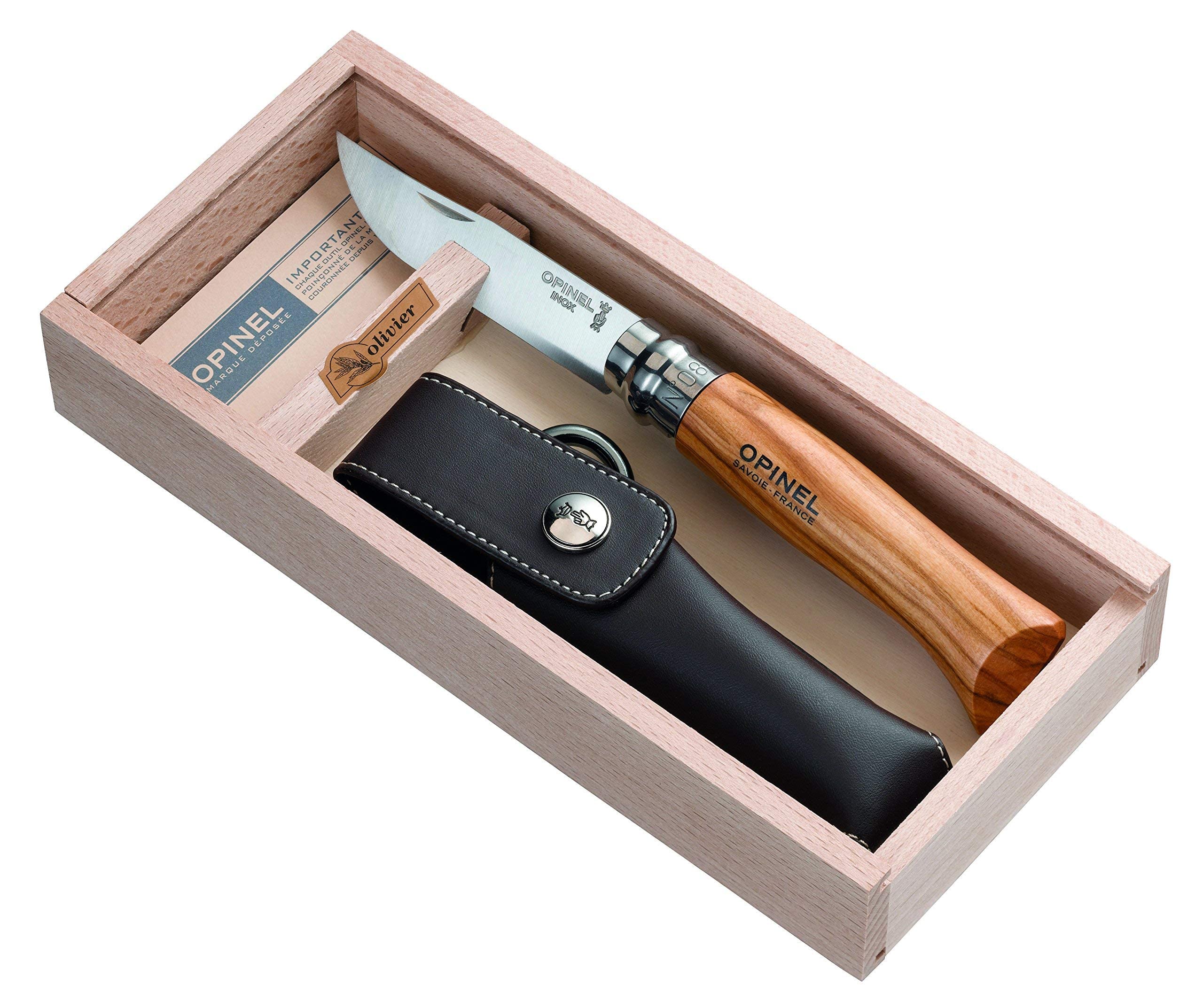 opinel-no-08-olivewood-folding-knife-with-sheath-stainless-steel-blade-wooden-gi image 4