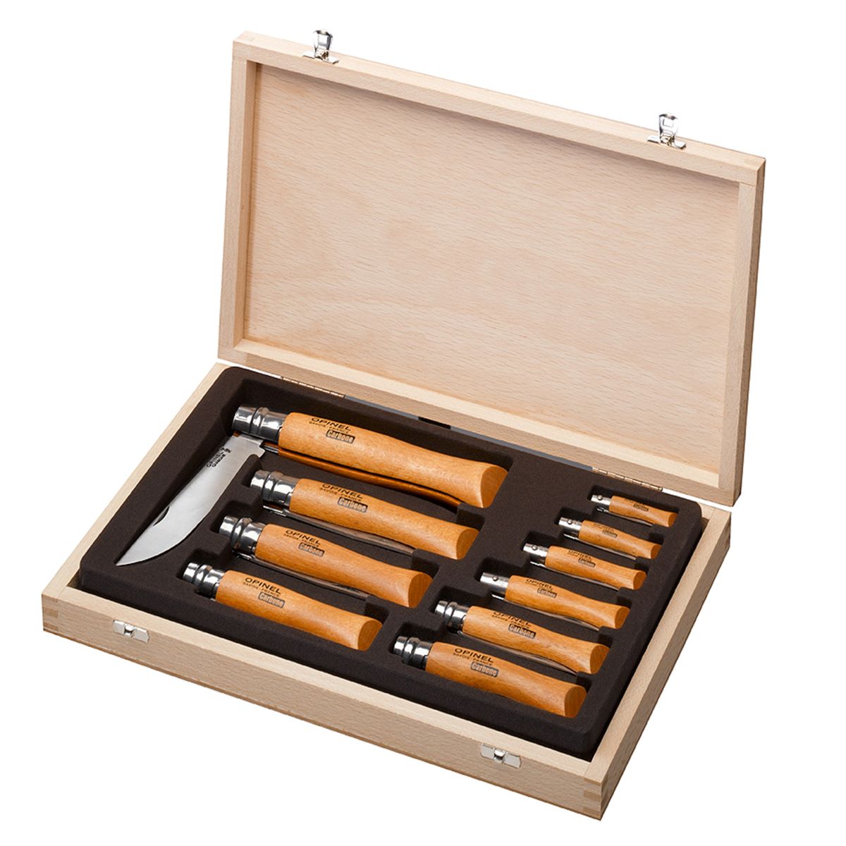 opinel-carbon-steel-folding-knife-collector-set-10-knives-no-02-to-no-12-in-wood image 1
