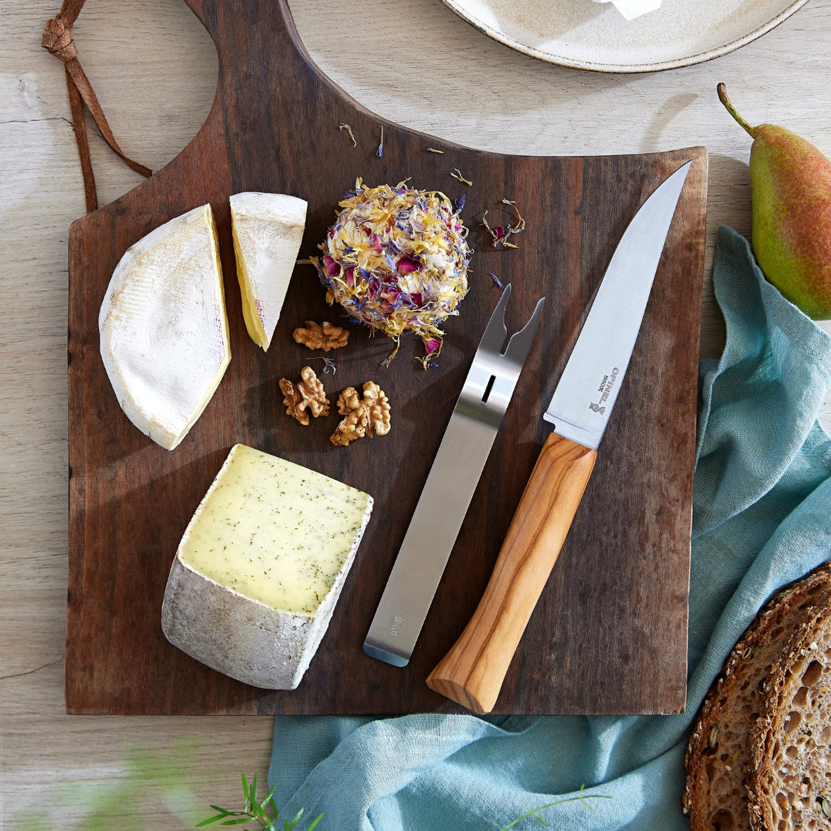 opinel-cheese-knife-and-fork-set-olive-wood-handle-stainless-steel-blade-cheese- image 3