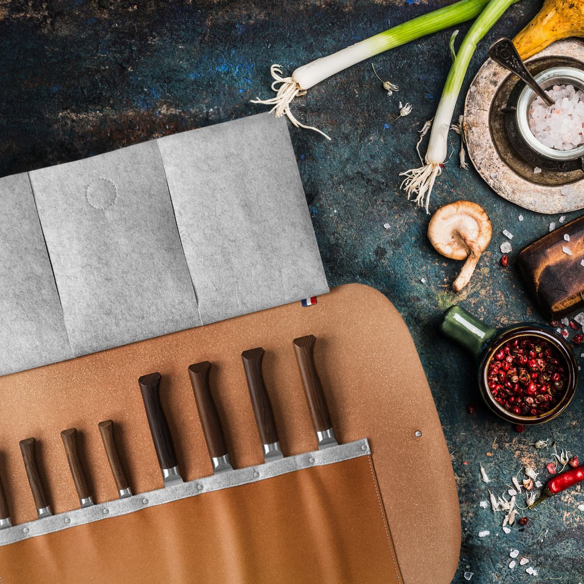opinel-chef-at-work-les-forg-s-1890-9-piece-kitchen-knife-set-with-recycled-leat image 2