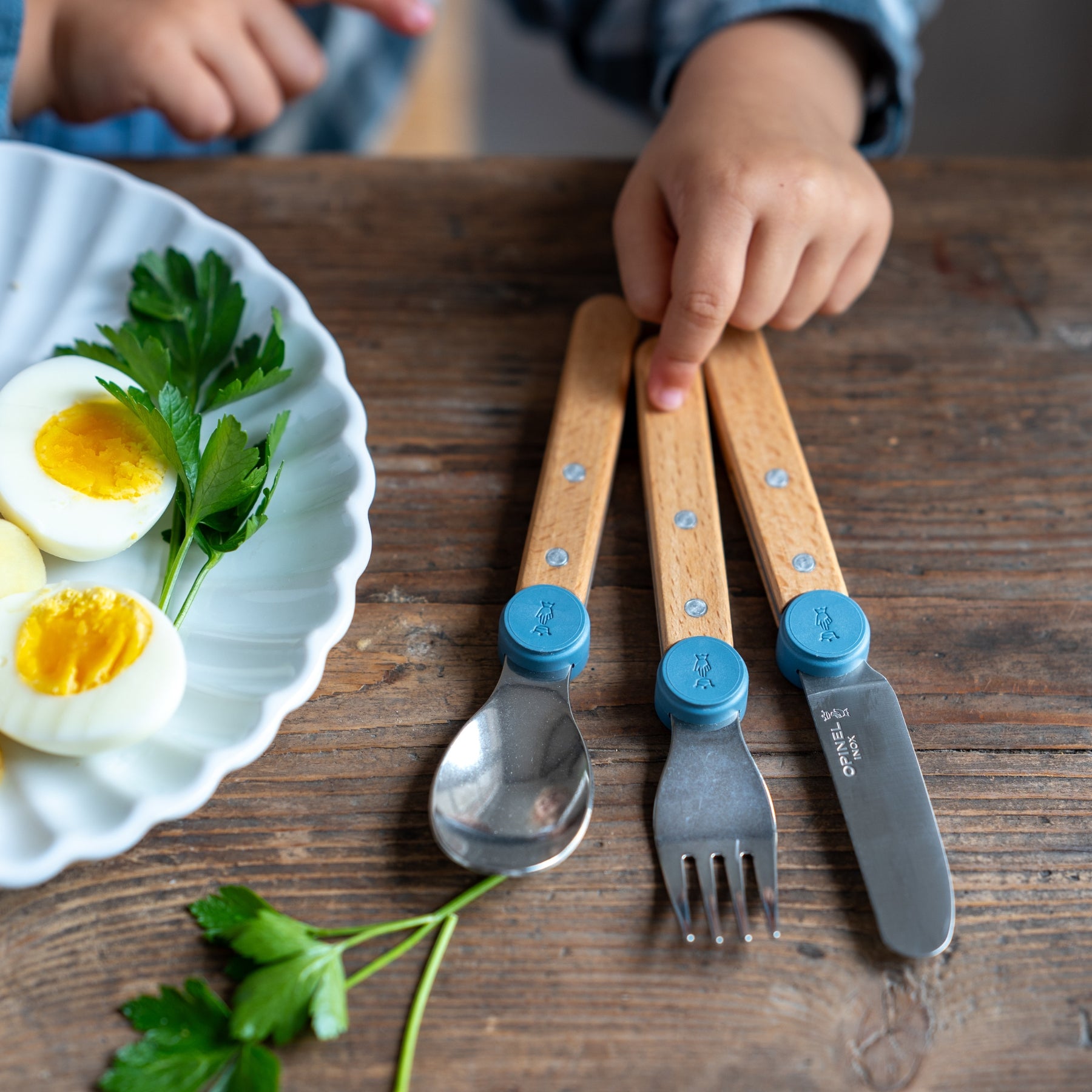 opinel-kids-cutlery-le-petit-gourmet-3-piece-beechwood-knife-fork-spoon-set-for- image 1