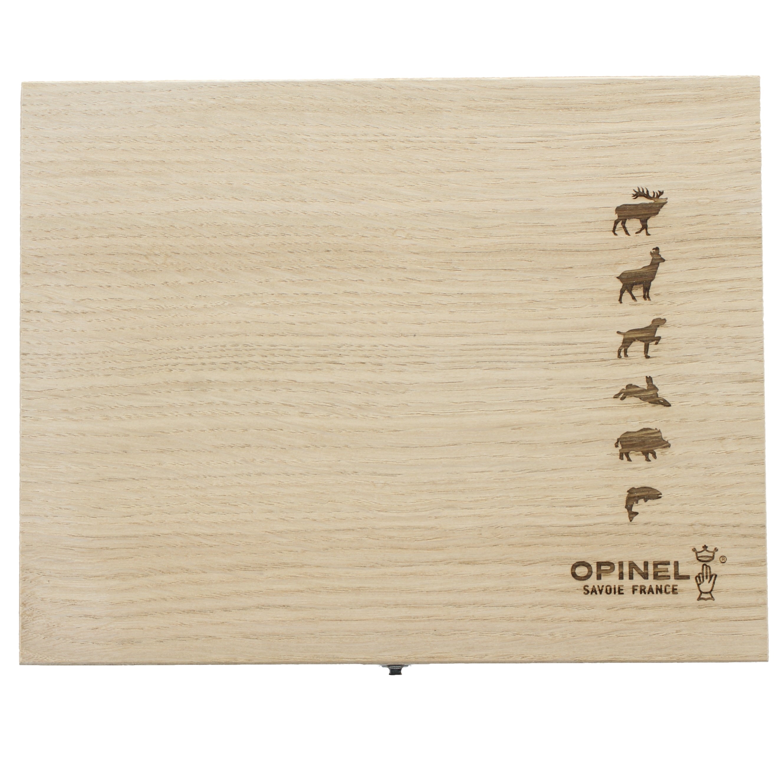 opinel-no-08-engraved-animalia-6-piece-box-set-oak-handle-folding-knives-with-en image 2
