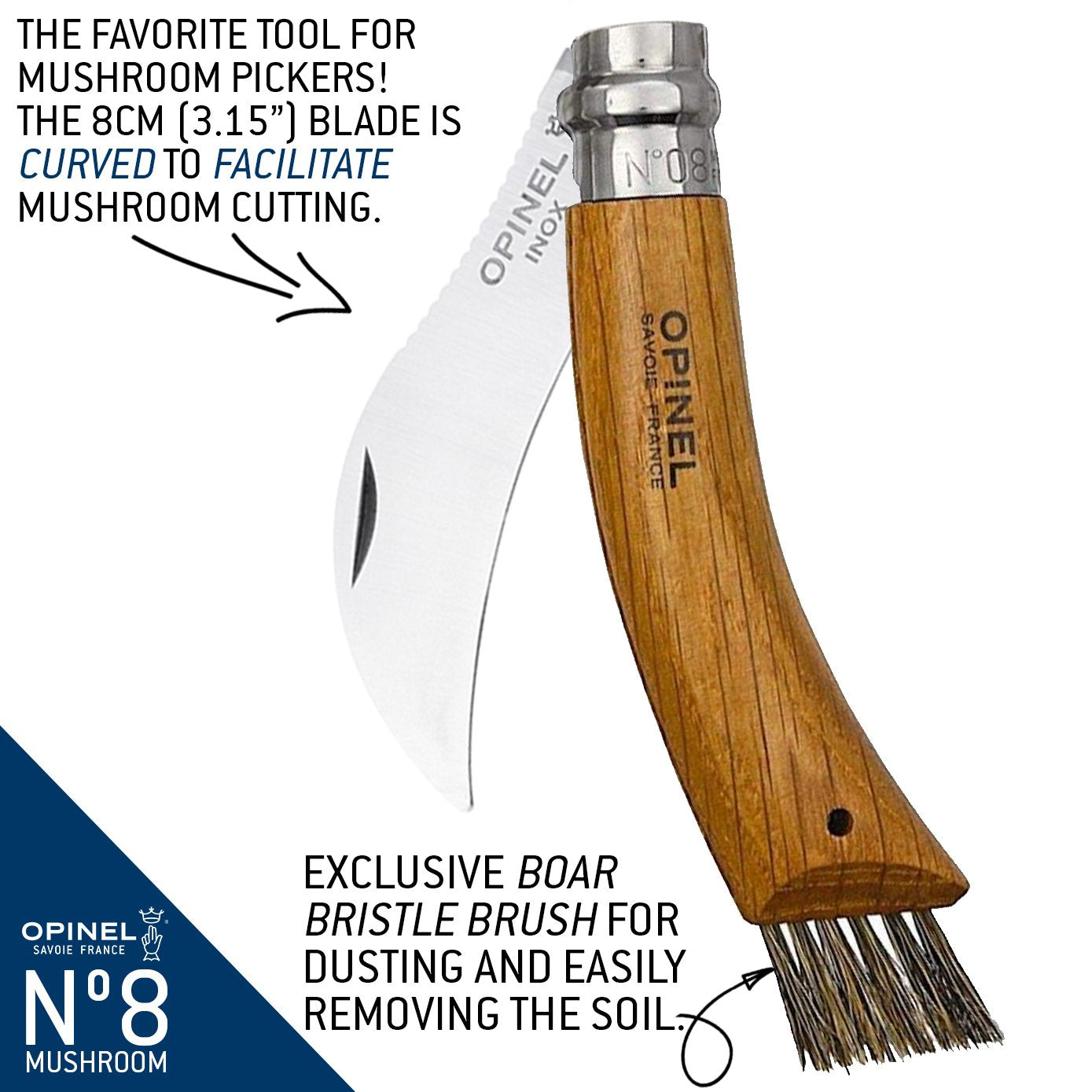opinel-no-08-mushroom-knife-kit-curved-blade-serrated-scraper-boar-s-hair-brush- image 2