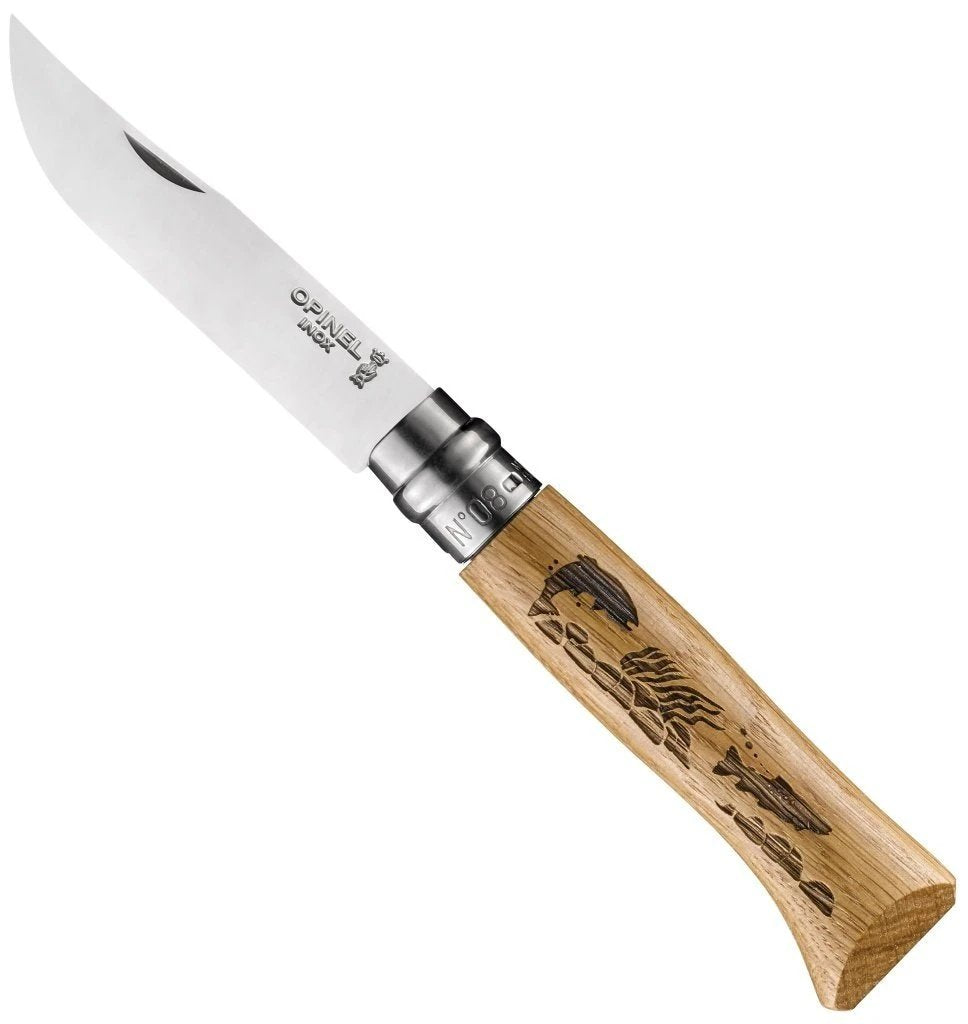 opinel-no-08-animalia-oak-engraved-handle-folding-knife-with-virobloc-safety-rin image 4