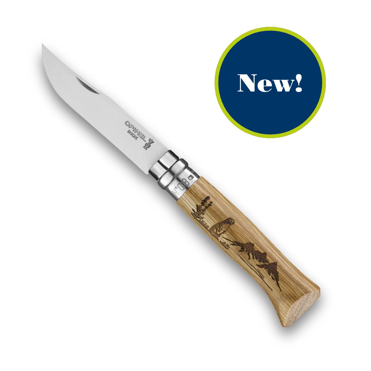 opinel-no-08-animalia-oak-engraved-handle-folding-knife-with-virobloc-safety-rin image 1