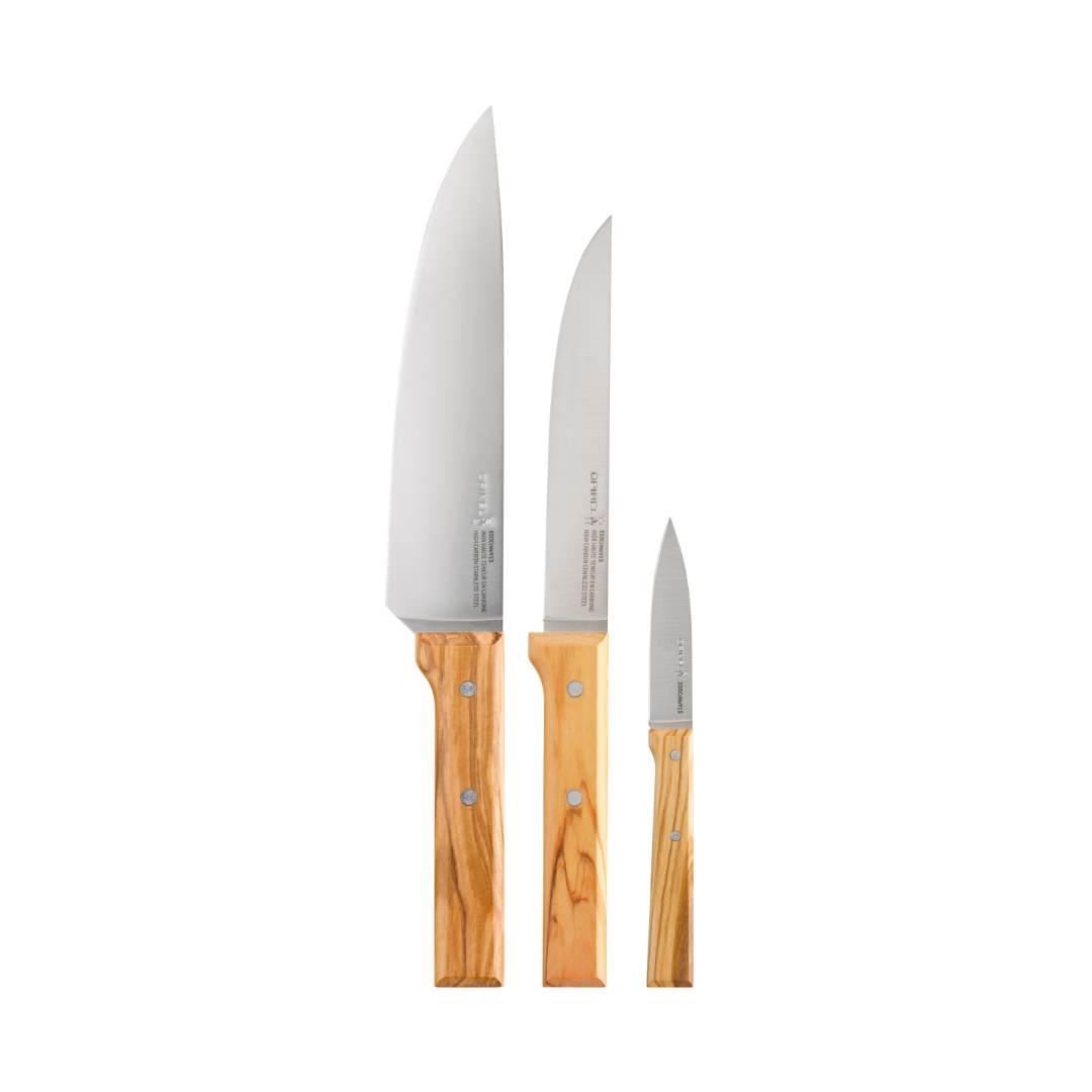 opinel-parallele-trio-chef-knife-set-olive-wood-handles-3-piece-gift-box image 2