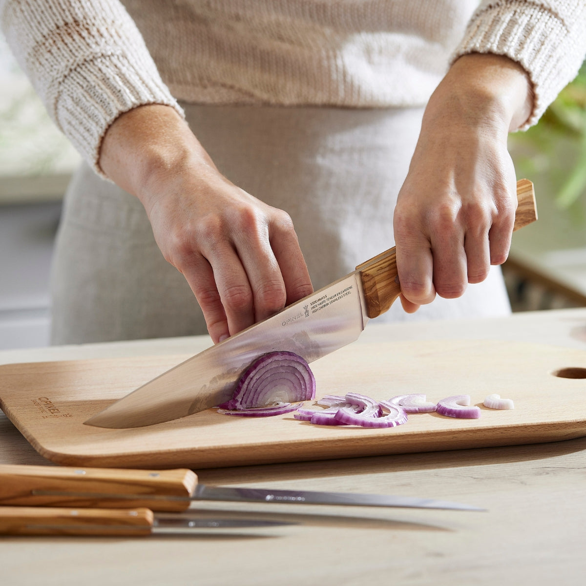 opinel-parallele-trio-chef-knife-set-olive-wood-handles-3-piece-gift-box image 5